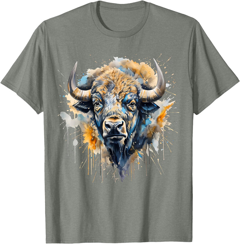 Safari Animal Art Buffalo Portrait Colorful Splash Artwork Wildlife Bison T-Shirt - Olive Heather