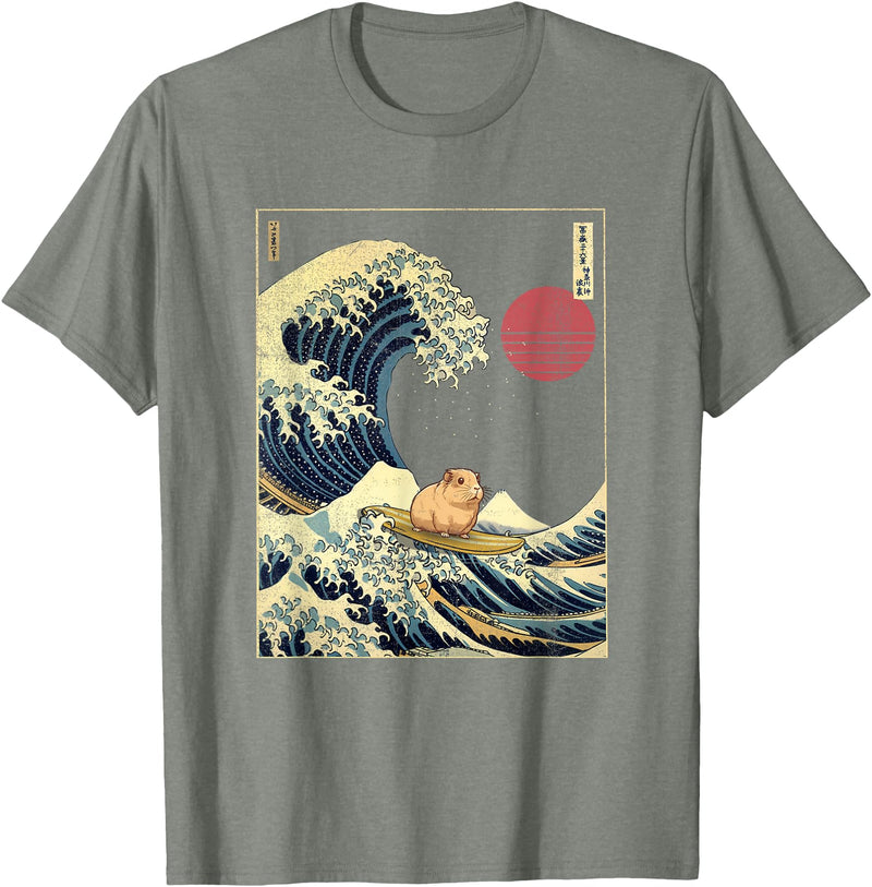 AxisNagawa Guinea Pig Kanagawa Wave Funny Surf Animal T-Shirt - Olive Heather