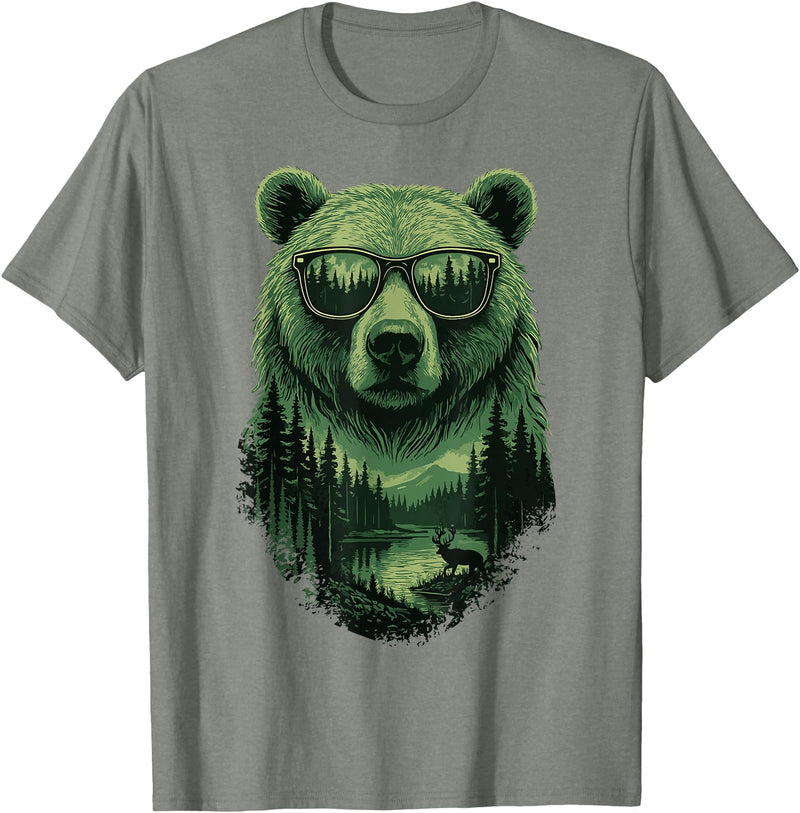 Bear Wildlife Deer Campfire Nature Apparel Bear Sunglasses Wildlife Deer Campfire Nature Vintage Forest T-Shirt - Olive Heather