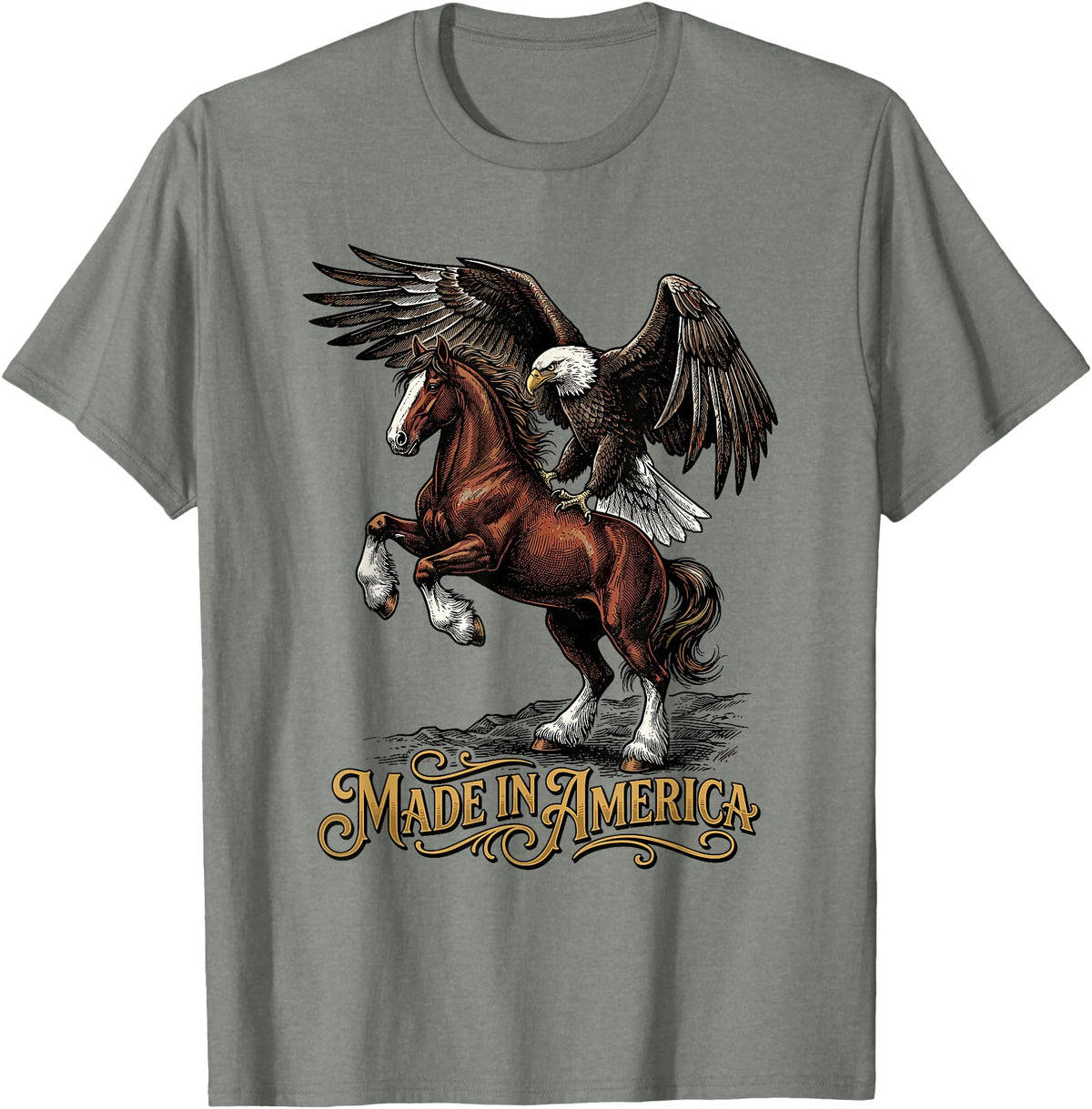 American Pride Horse Eagle Country Made in America Horse Eagle Patriotic Western T-Shirt - Olive Heather