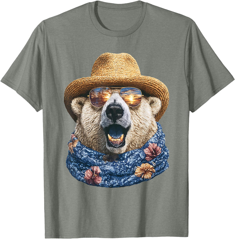 Whimsical Coastal Animals Beachgoers Cute Polar Bear with Sunglasses and Straw Hat Animal Summer T-Shirt - Olive Heather