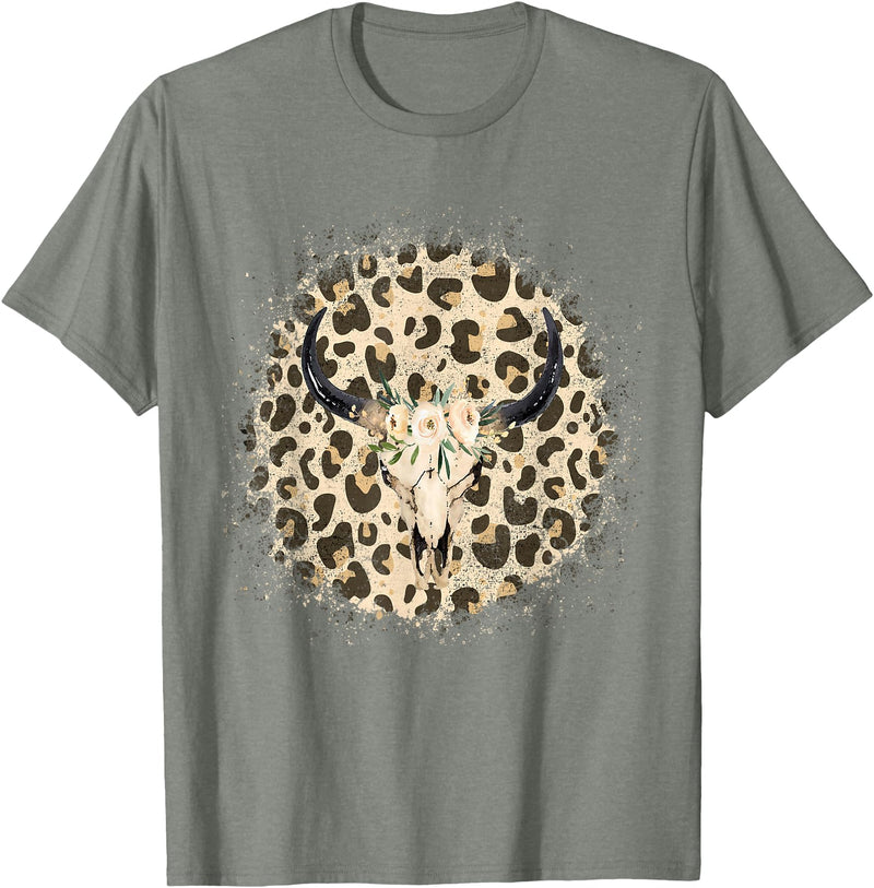 Funny Leopard Cow Skull designs Funny Leopard Cow Skull print Flower Rustic Turquoise T-Shirt - Olive Heather