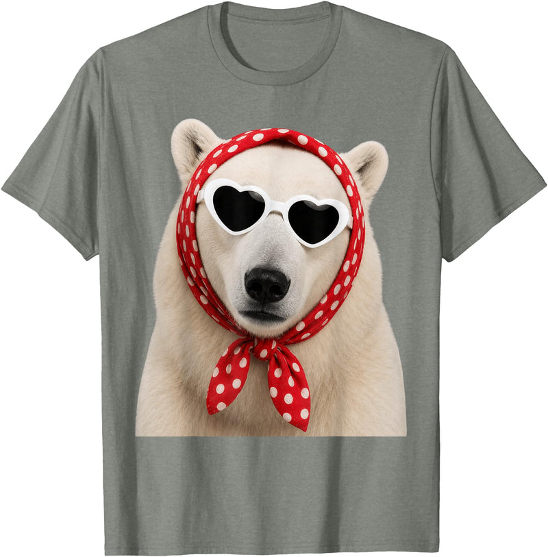 Funny Polar Bear with Sunglasses Cute Polar Bear Lover Heart Sunglasses T-Shirt - Olive Heather