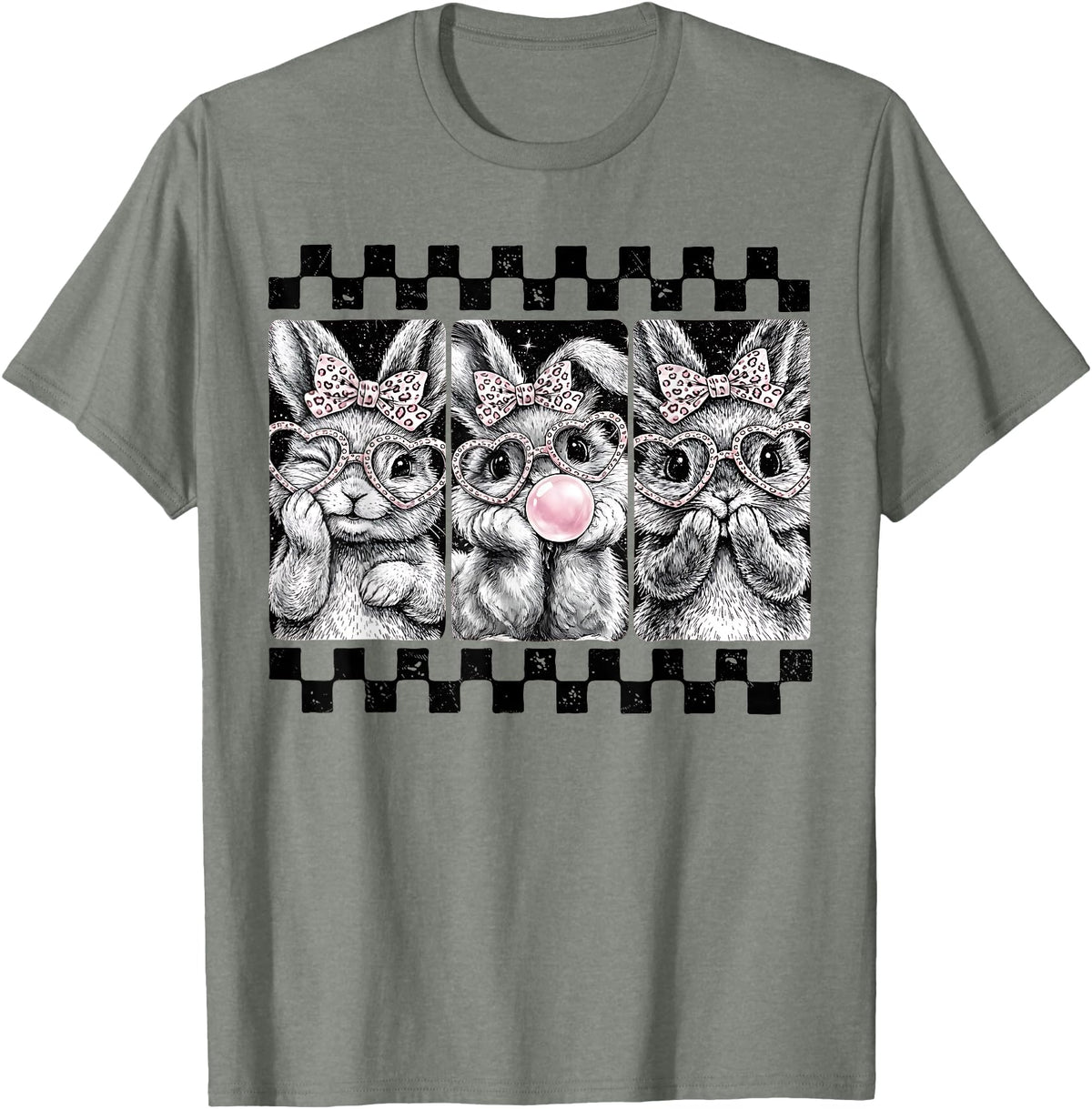 Leopard Bow Bunny Blowing Bubble Checkered Easter Day Girls T-Shirt in Olive Heather