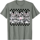 Leopard Bow Bunny Blowing Bubble Checkered Easter Day Girls T-Shirt in Olive Heather