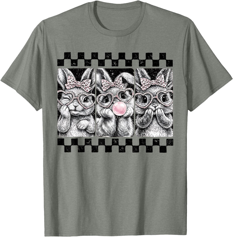 Leopard Bow Bunny Blowing Bubble Checkered Easter Day Girls T-Shirt in Olive Heather