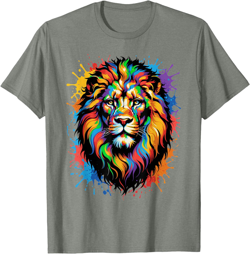 Colorful Lion Wildlife Lover Colorful Lion Face Paint Splash Art T-Shirt - Olive Heather