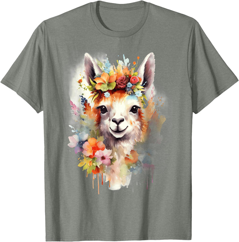 Llama Bloom Studio Cute Llama Floral Crown Watercolor Animal Art T-Shirt - Olive Heather