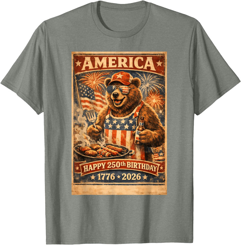 USA Birthday 250th American Spirit Tees All Ages Celebrate 250 Years with Fun Bear BBQ Graphic T-Shirt - Olive Heather