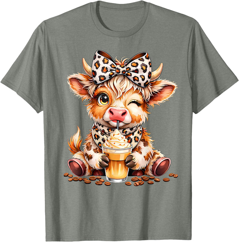 Cute Highland Cow Coffee Addict Leopard Bow Highland Cow Coffee Addict Funny Drink Coffee T-Shirt - Olive Heather