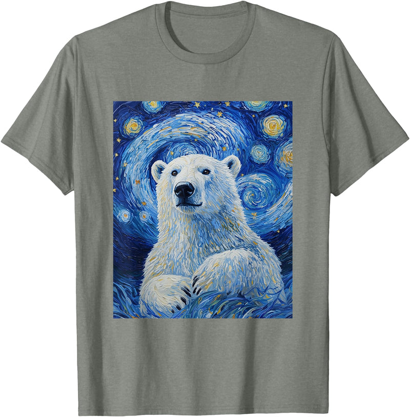 Bear Designs. Cute Polar Bear Van Gogh Style Starry Night Graphic T-Shirt - Olive Heather