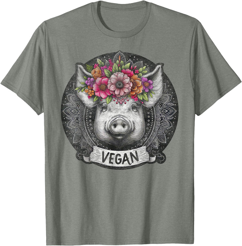 Pig with Flowers Vegan Retro Products Pig with Flowers Vegan Retro – Boho Hippie Cute T-Shirt - Olive Heather