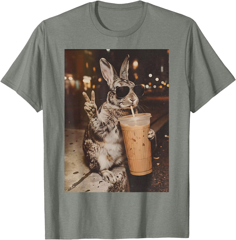 Rabbit Drinking Iced Coffee Funny Easter Bunny Men Women T-Shirt in Olive Heather