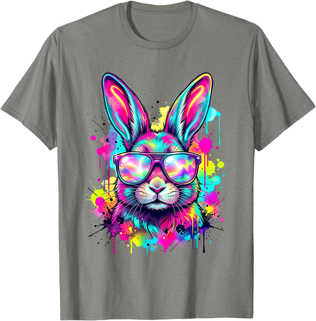Happy Easter Bunny Face Tie Dye Bunny Rabbit with Glasses T-Shirt in Olive Heather