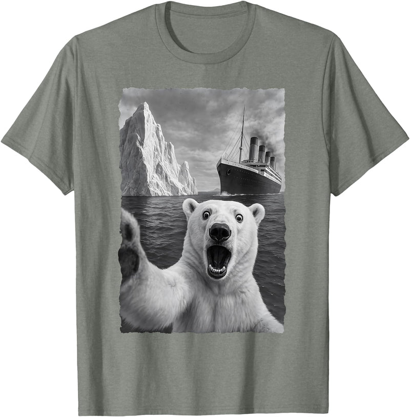 Funny Polar Bear Selfie Titanic T-Shirt - Olive Heather