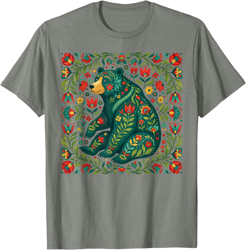 Nordic Scandinavian Folk Art Flower Designs Scandinavian Folk Art Bear Floral Pattern Nordic Animal T-Shirt - Olive Heather