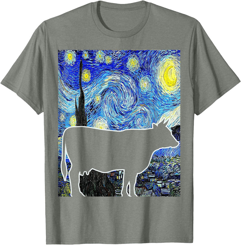 Funny Cow Van Gogh Famous Painting Cow Starry Night Van Gogh Funny Cow Farmer T-Shirt - Olive Heather
