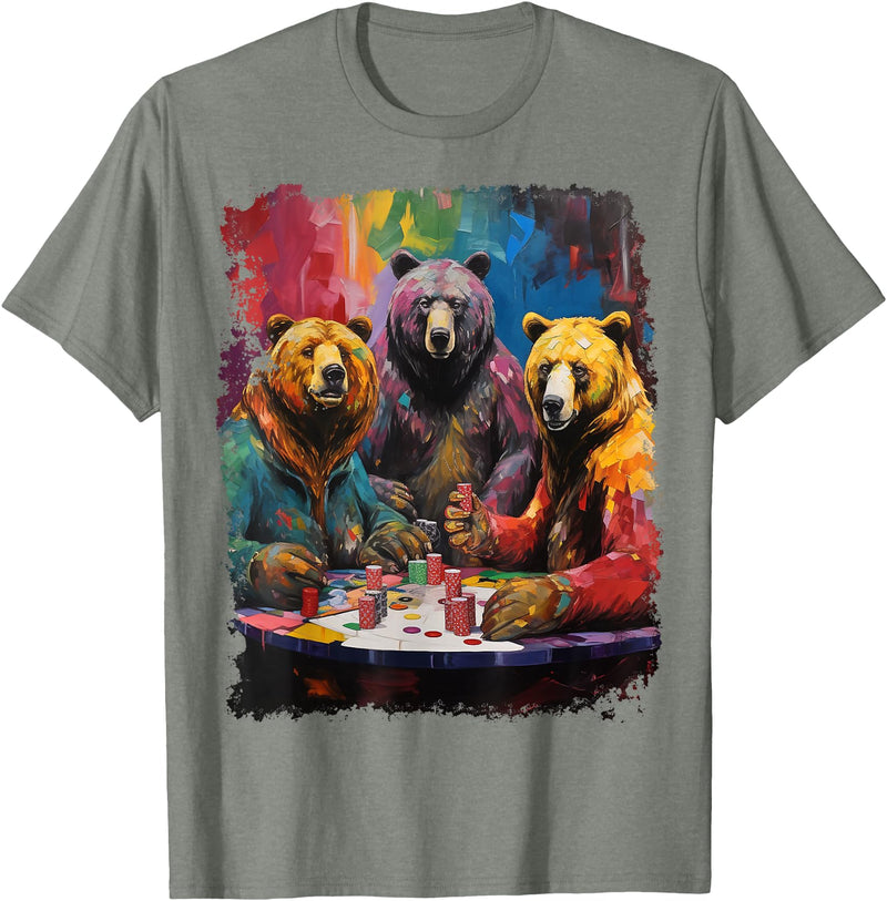 Noah&Friends Playing Card Pop Art Gambling Bears Playing Poker Cards T-Shirt - Olive Heather