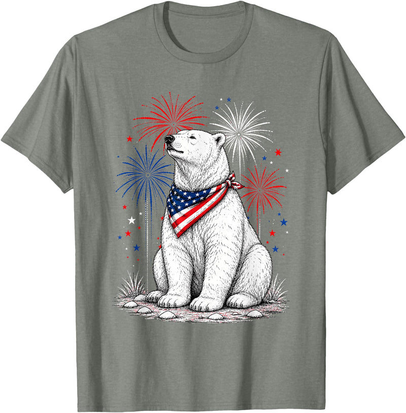 Polar Bear America's 250th 4th of July Outfit Polar Bear America's 250th Patriotic Fireworks Animal Lovers T-Shirt - Olive Heather