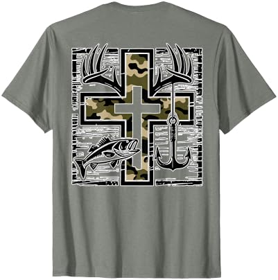 Camo Cross Fishing Faith Christian 2 Sided Hunting Fishing Cross Camo Faith Christian Fisherman Hunter T-Shirt - size chart