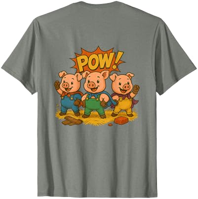 Three Hero Pigs Storytime Legends Bad Wolf in personalized costume 3 Pigs on the back T-Shirt - size chart