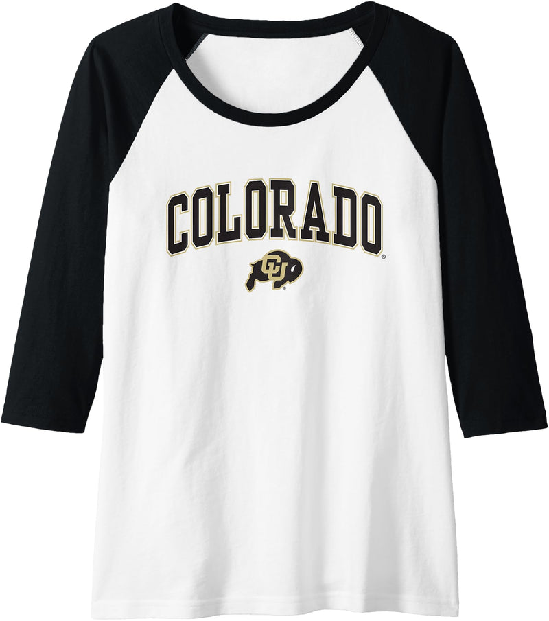 Elite Authentics Womens Colorado Buffaloes Womens Arch Over White Raglan Baseball Tee - Black/White