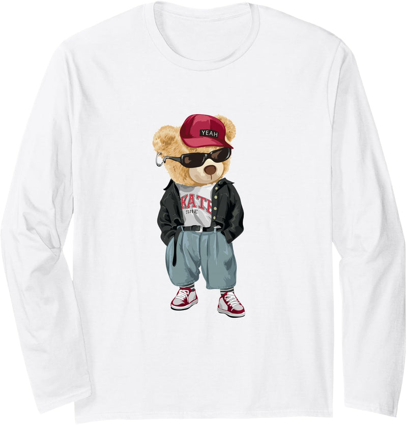 Punk Rocker Teddy Bear Rap Hip Hop Gift Men Women Punk Rocker Rapper Popster Punker Teddy Bear Rap Hip Hop Long Sleeve T-Shirt - White