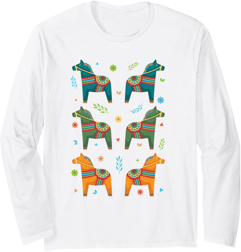 Swede Sverige & Scandinavia Designs Dala Horse Sweden Swedish Dalecarlian Horses Scandinavian Long Sleeve T-Shirt - White