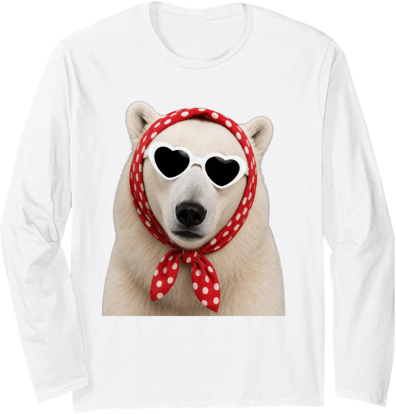 Funny Polar Bear with Sunglasses Cute Polar Bear Lover Heart Sunglasses Long Sleeve T-Shirt - White