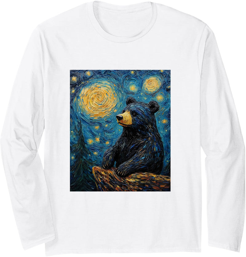 Bear Designs. Bear Van Gogh Style Starry Night Funny Graphic Long Sleeve T-Shirt - White