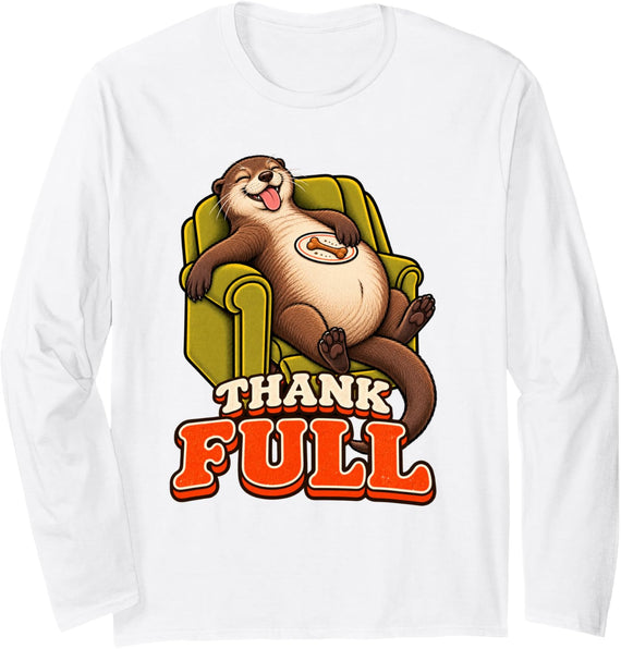 Otter Funny Turkey Day Retro Vintage Overeat Sleep Nap 70s Long Sleeve T-Shirt - Adult Unisex White