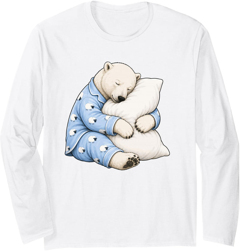 Funny Sleepy Polar Bear Pajama Polar Bear Sleeping in Cute Pajamas Sleep Long Sleeve T-Shirt - White