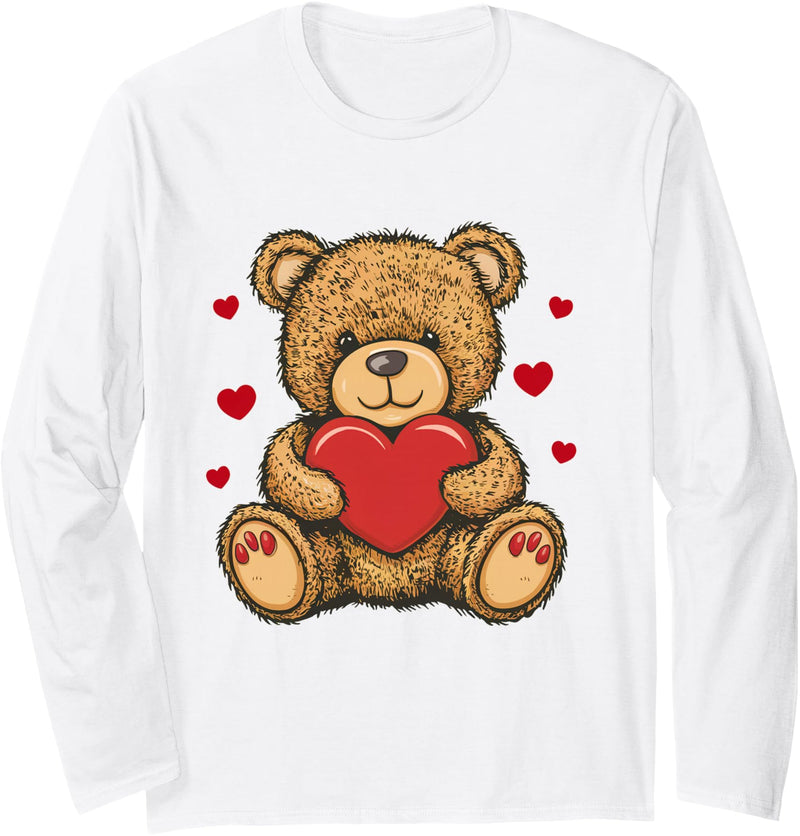 AirBear Adorable Teddy Bear with Heart- Love plushie Long Sleeve T-Shirt - White