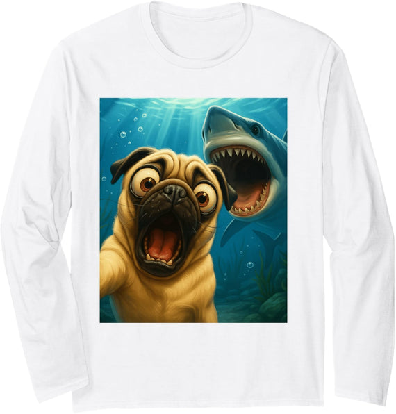 Vintage Dog Pug Selfie with Shark Ocean Funny Long Sleeve T-Shirt - Adult Unisex White