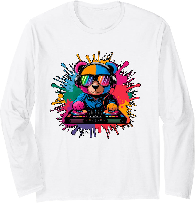 Magical and Funny Disc Jokey Gifts DJ Teddy Bear Long Sleeve T-Shirt - White