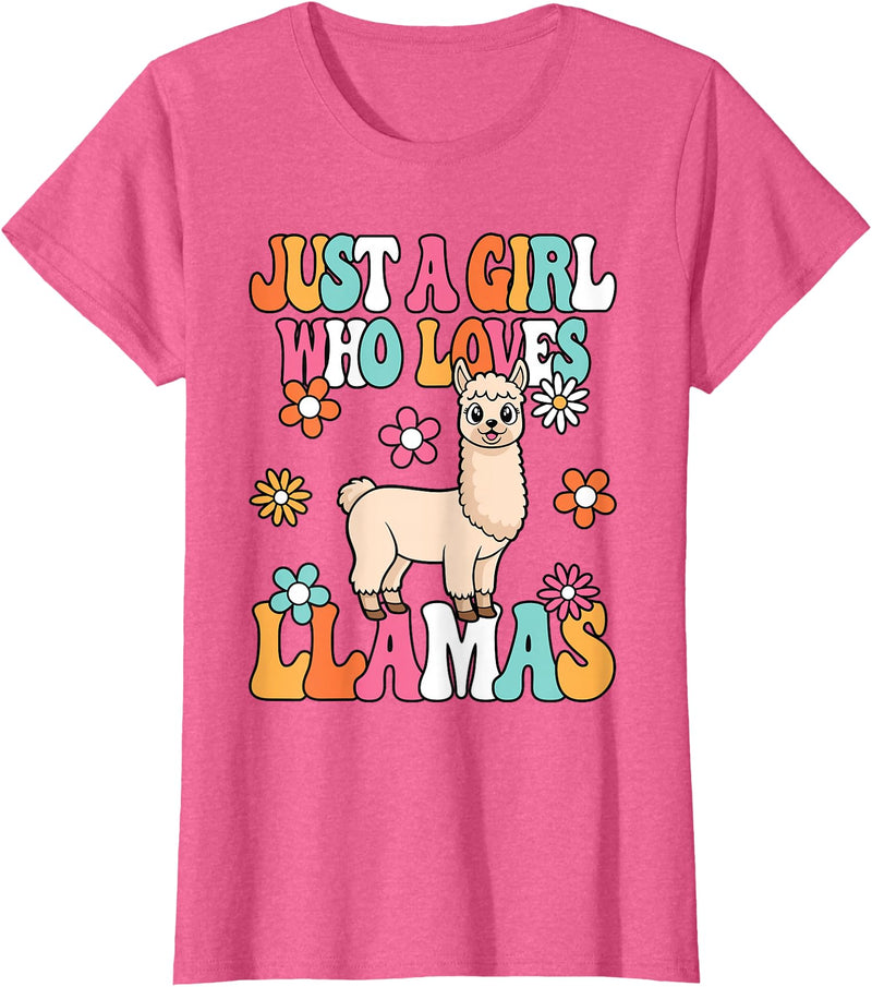 BALARI Just A Girl Who Loves Llamas Cute Groovy Alpaca Llama Kids T-Shirt - Pink Heather