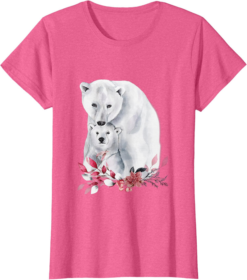 Mama Polar Bear and Baby Cub for Girls and Women T-Shirt - Pink Heather