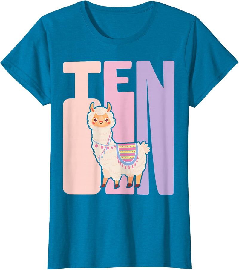 Retro Llama Alpaca Themed Girls Birthday Designs 10th Birthday Girl Cute Llama Alpaca 10 Years Old T-Shirt - Sapphire Blue