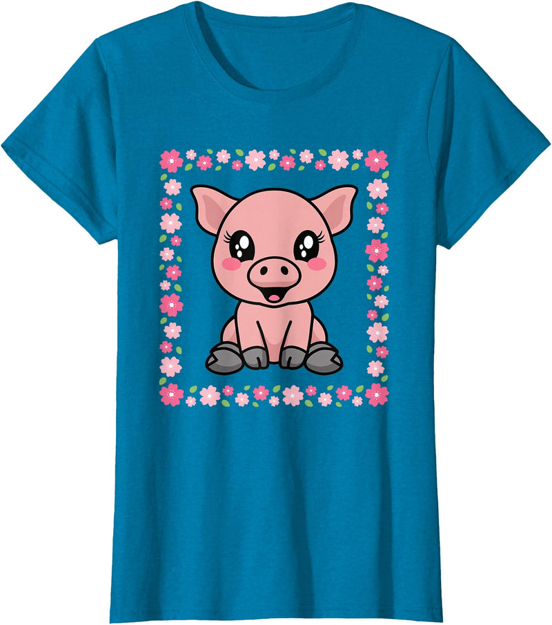 EDILILU Cute Pig Kawaii Pig Lover Piglet Women Girls T-Shirt - Sapphire Blue