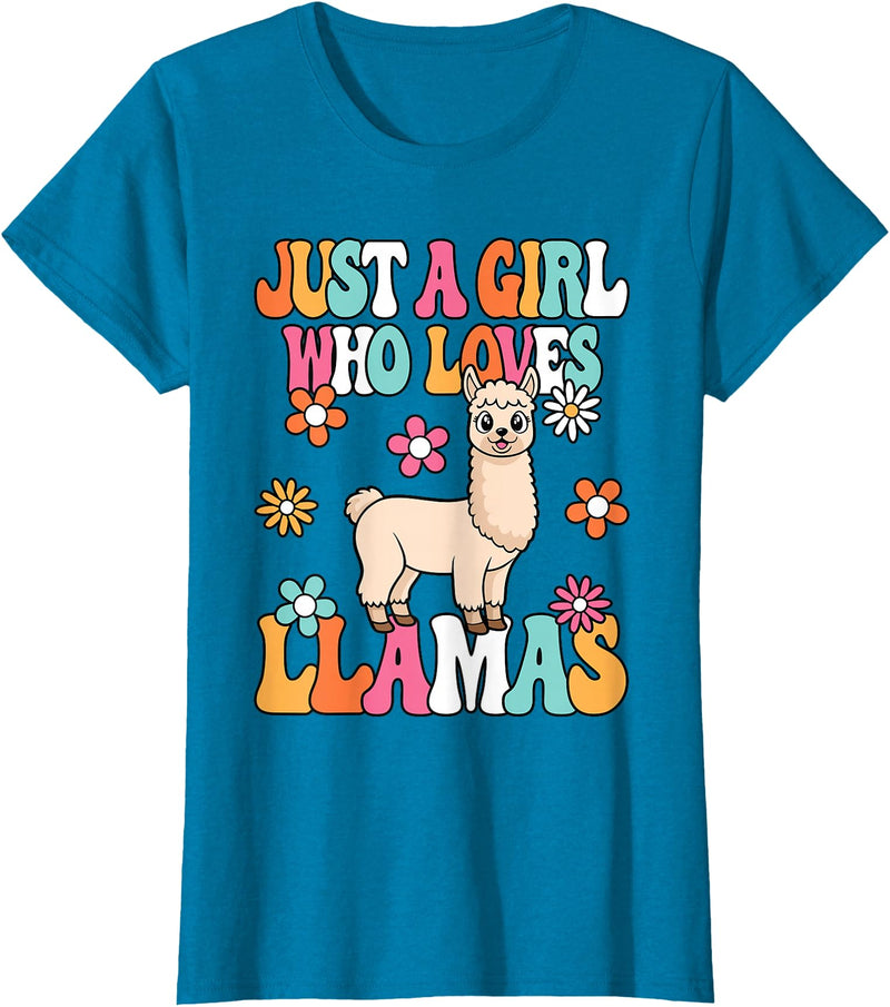 BALARI Just A Girl Who Loves Llamas Cute Groovy Alpaca Llama Kids T-Shirt - Sapphire Blue