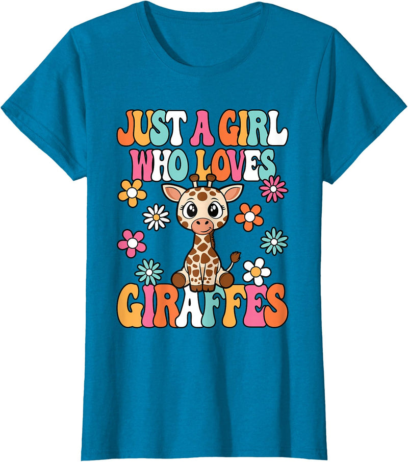 BALARI Just A Girl Who Loves Giraffes Cute Groovy Wild Animal Kids T-Shirt - Sapphire Blue