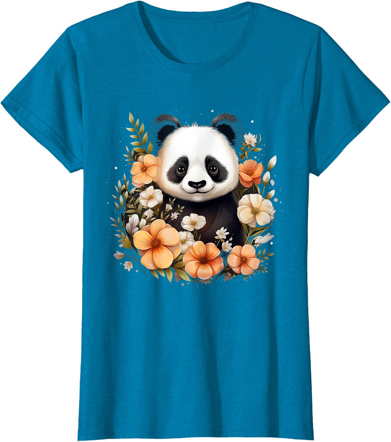 Floral Panda Bear Panda Bear Flowers Floral Girls Kids Funny Cute Panda Lover T-Shirt - Sapphire Blue