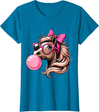 Humorous Horse Girl Gifts Horse Bubblegum Horse Girl Horseback T-Shirt - Sapphire Blue