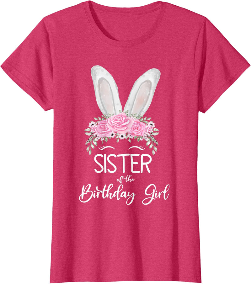 Sister of the Birthday Girl"- Family Bunny Rabbit Birthday T-Shirt in Red Heather