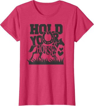 Horse Gifts Shirts by MV&SG Hold Your Horse, Horses Gifts Shirts Girls Women T-Shirt - Red Heather