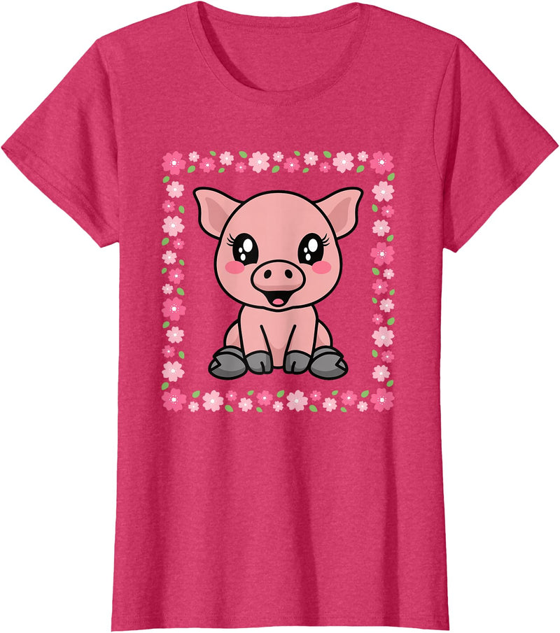 EDILILU Cute Pig Kawaii Pig Lover Piglet Women Girls T-Shirt - Red Heather