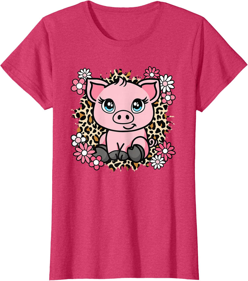 KATYLIN Cute Pig Flowers Pig Lover Women Girls Kids T-Shirt - Red Heather