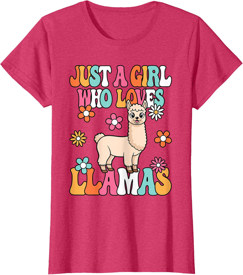 BALARI Just A Girl Who Loves Llamas Cute Groovy Alpaca Llama Kids T-Shirt - Red Heather