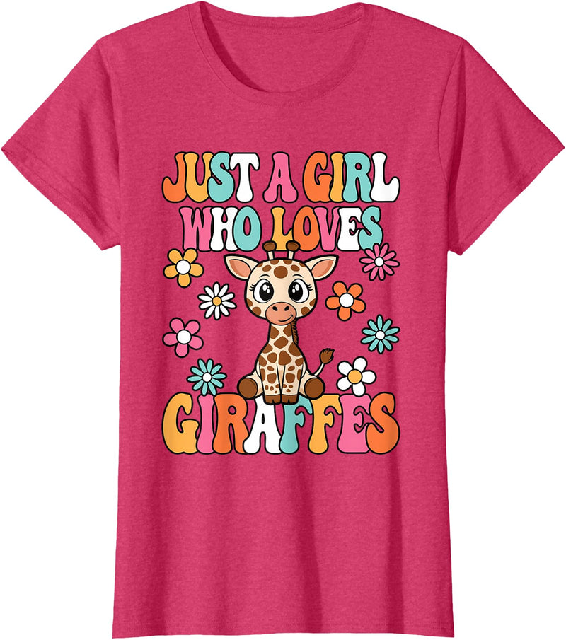 BALARI Just A Girl Who Loves Giraffes Cute Groovy Wild Animal Kids T-Shirt - Red Heather