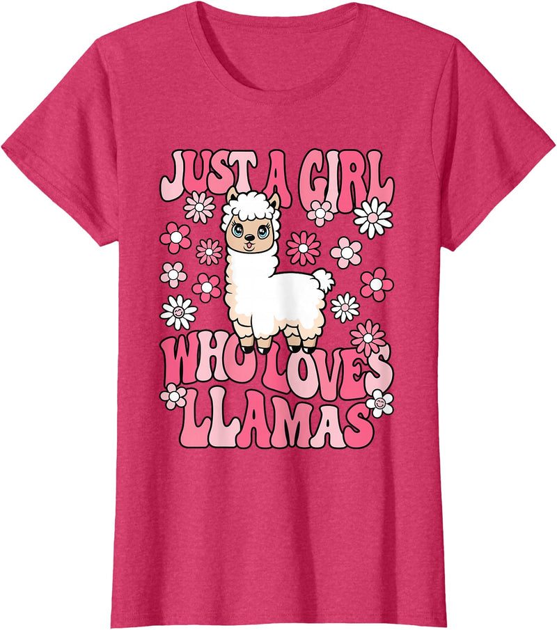 KATYLIN Just A Girl Who Loves Llamas Llama Lover Girls Kids T-Shirt - Red Heather